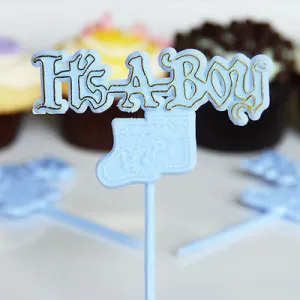 12 It's A Boy Booties Blue and Gold Bakery Cake Topper Picks Baby Shower Decor