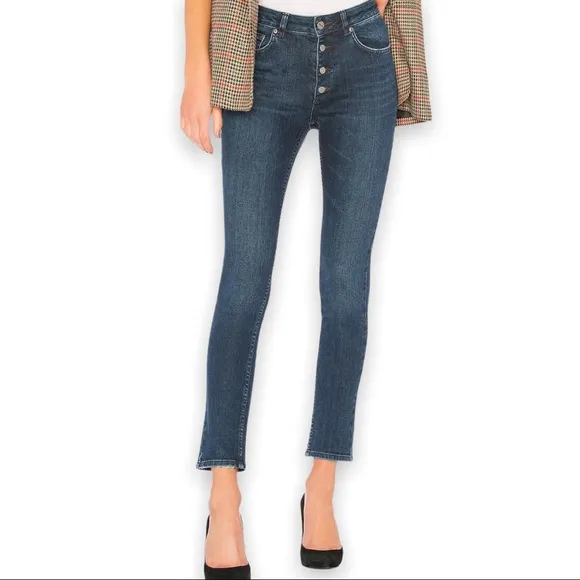 $229 ANINE BING Frida Dark Blue Highrise Exposed Button Fly Skinny Jeans size 24
