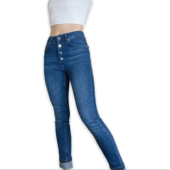 $229 ANINE BING Frida Dark Blue Highrise Exposed Button Fly Skinny Jeans size 24