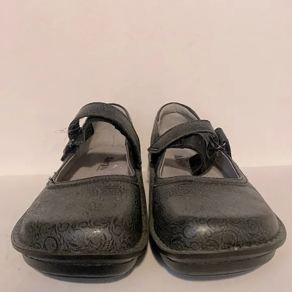 Alegria Grey Floral Embossed Leather Mary Jane Clogs