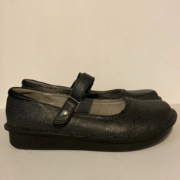 Alegria Grey Floral Embossed Leather Mary Jane Clogs