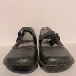 Alegria Grey Floral Embossed Leather Mary Jane Clogs