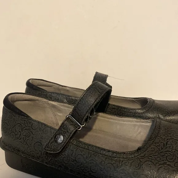 Alegria Grey Floral Embossed Leather Mary Jane Clogs