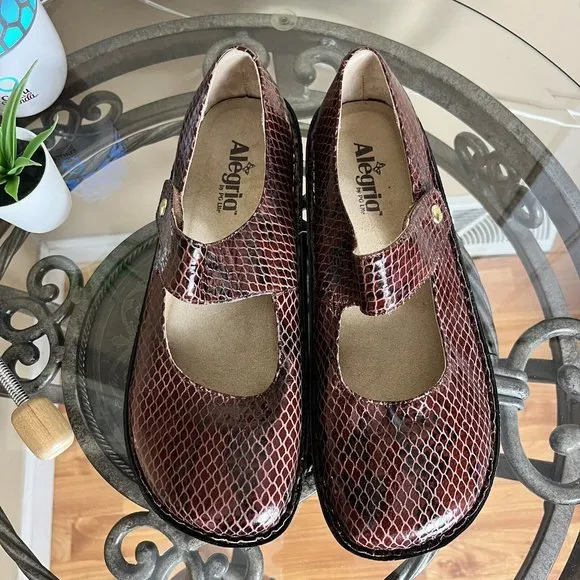 Alegria‎ Paloma PAL-702 Brown Snake Print Mary Jane Leather Clogs Womens 42 EUC