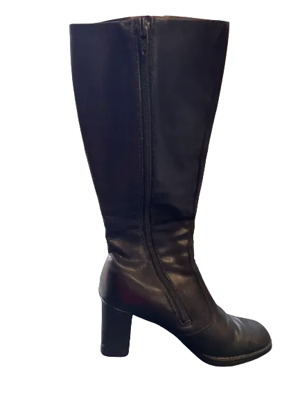 Black Knee High Zipper Boots With Chunky Heel