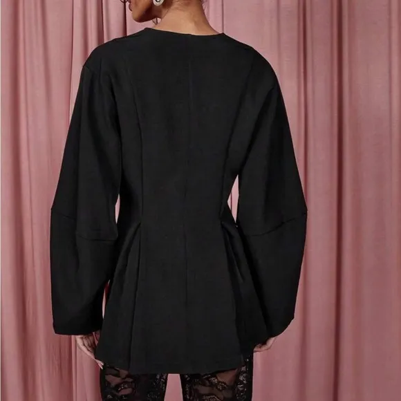 Black puff sleeve v neck flare cinched waist hourglass shaped blazer