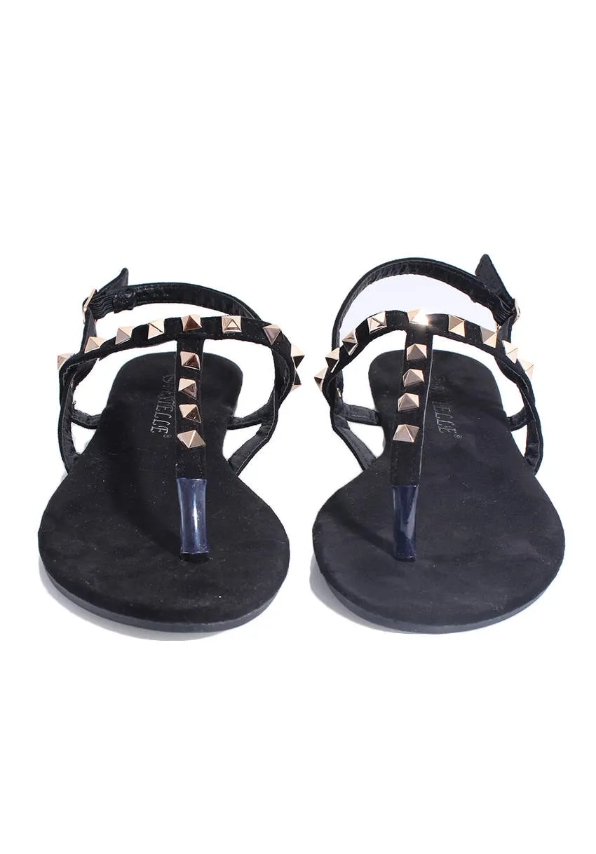 Black T-bar Sandals With Gold Studs