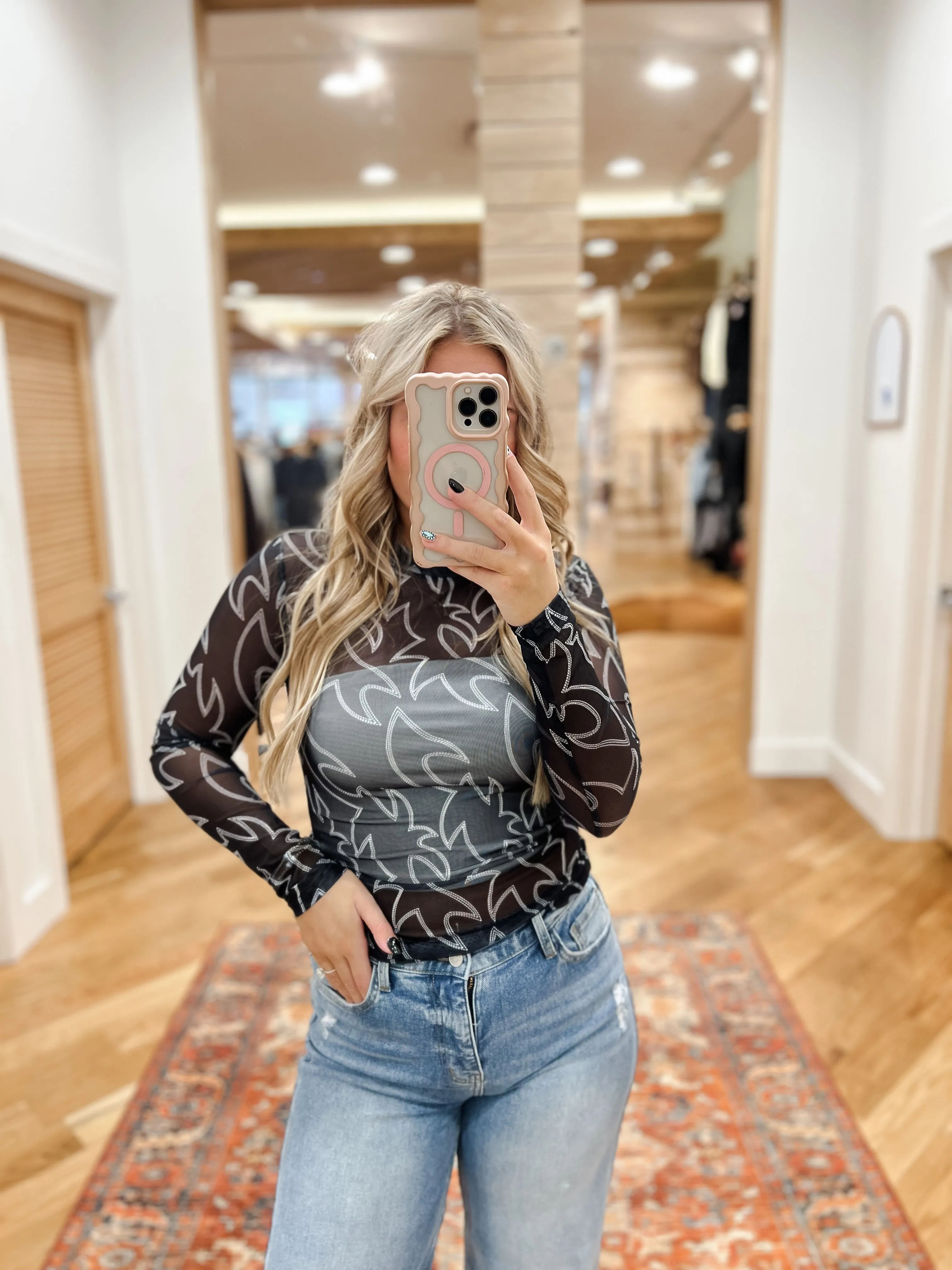 Boots Stitch Black Mesh Mock Neck Fitted Top