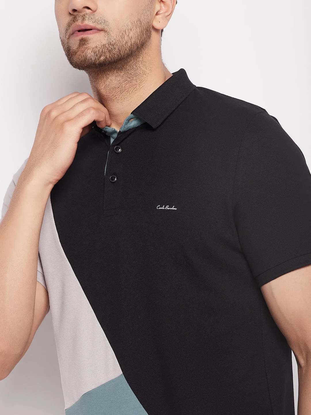 Camla Black Polo Collar Colourblocked Tshirt