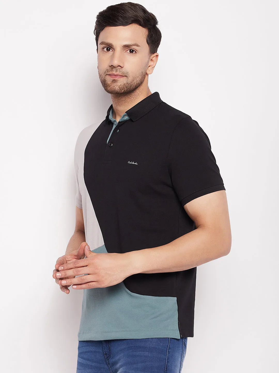 Camla Black Polo Collar Colourblocked Tshirt