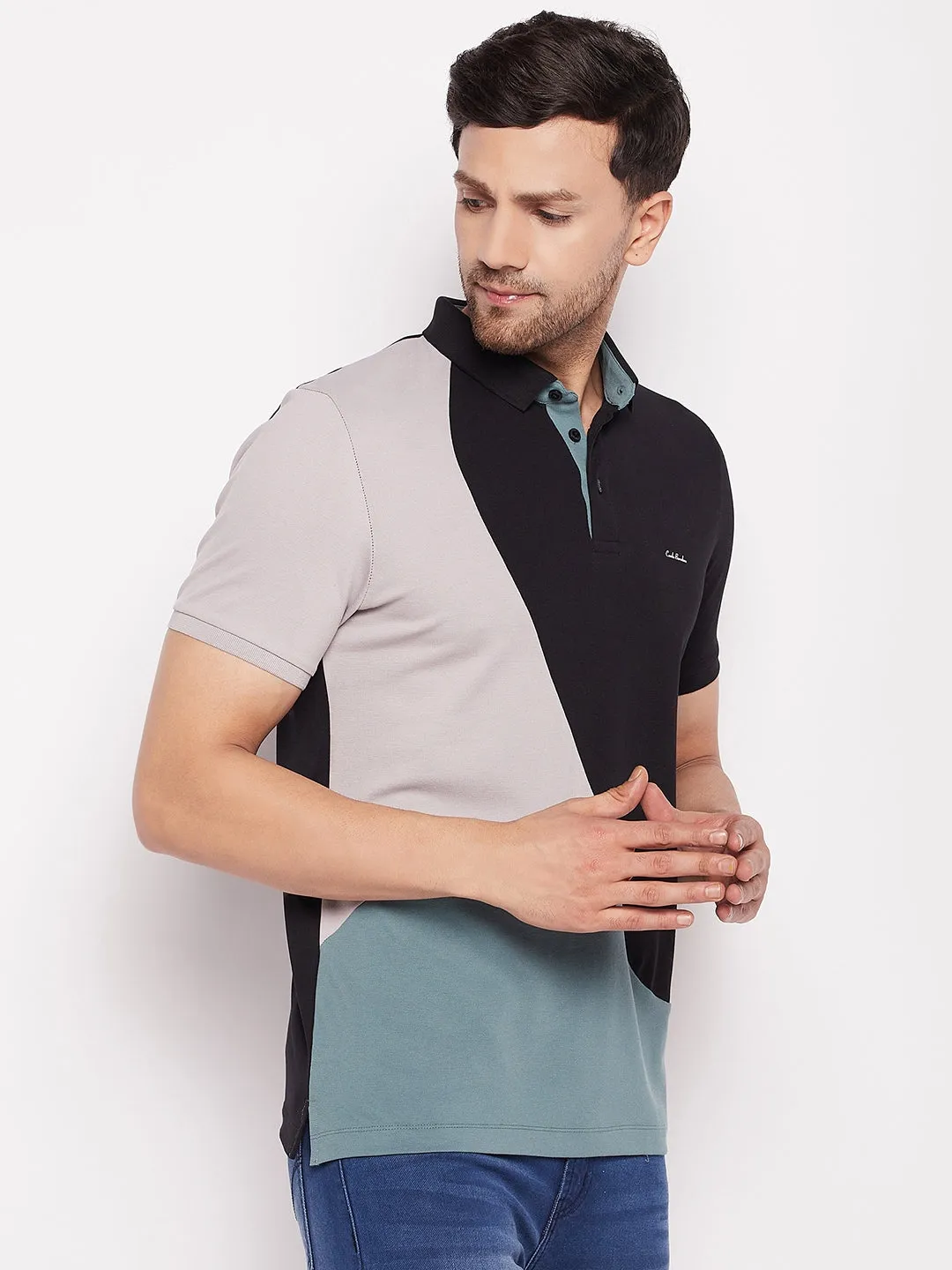 Camla Black Polo Collar Colourblocked Tshirt