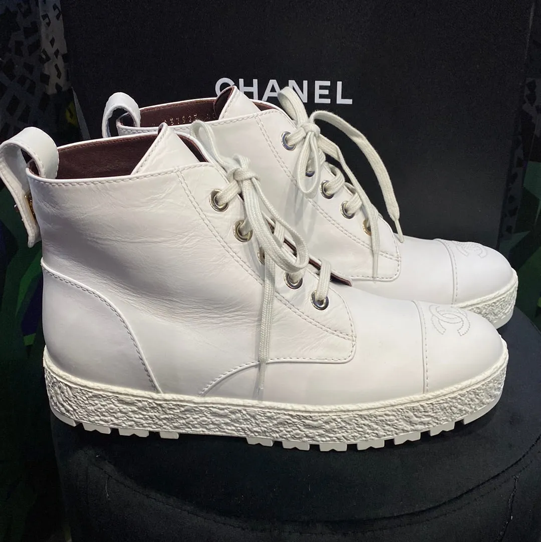 Chanel White Calfskin Rubber Bottom High Top 'Sneaker Boot'
