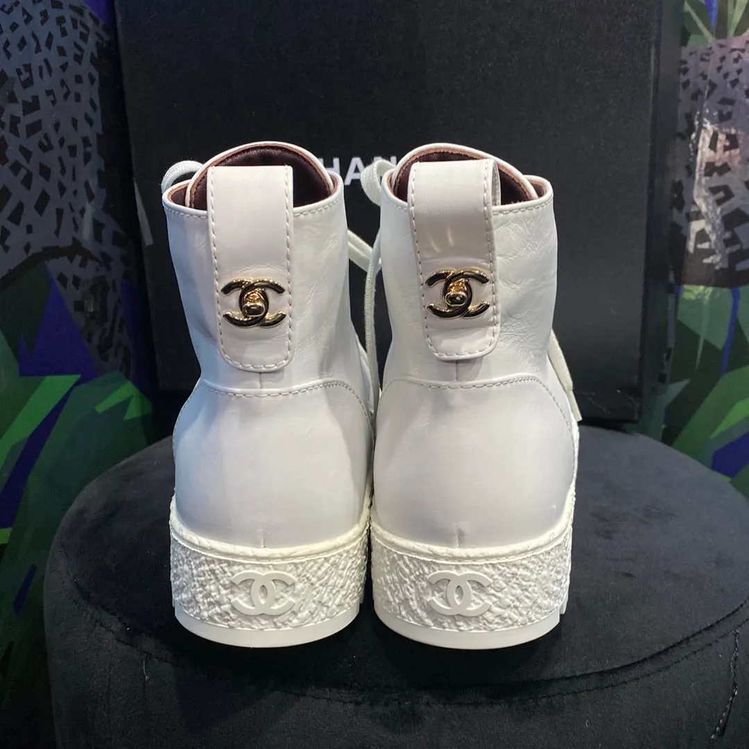 Chanel White Calfskin Rubber Bottom High Top 'Sneaker Boot'