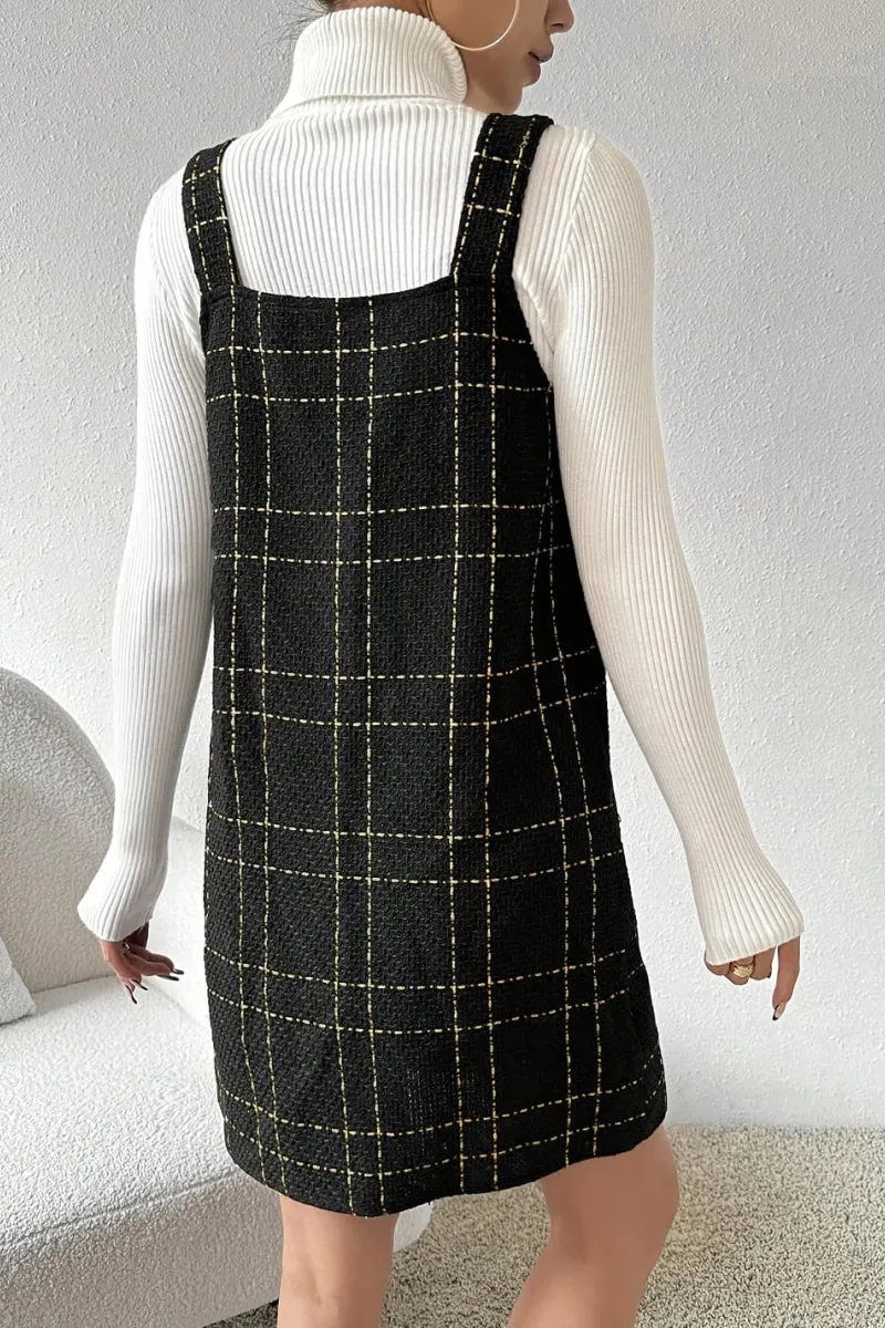 Chouyatou Women Elegant A Line Tweed Pinafore Dress V Neck Sleeveless Plaid Mini Short Overall Vest Dress