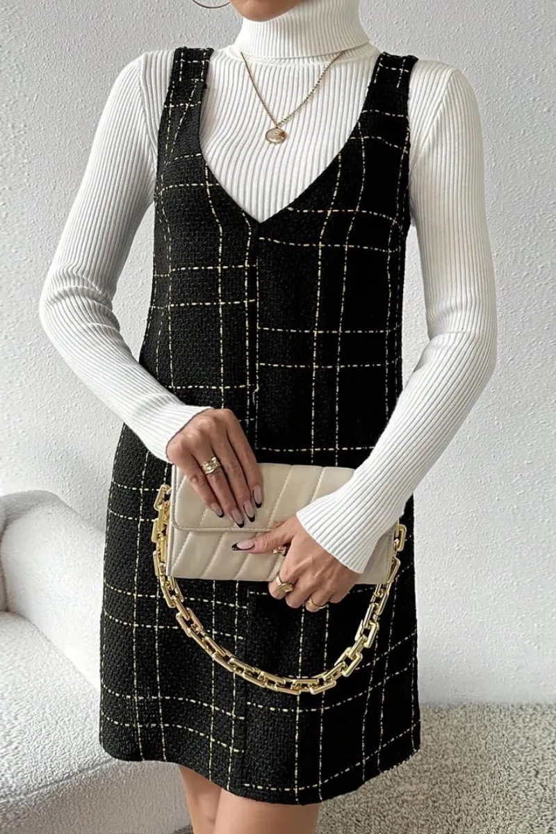 Chouyatou Women Elegant A Line Tweed Pinafore Dress V Neck Sleeveless Plaid Mini Short Overall Vest Dress