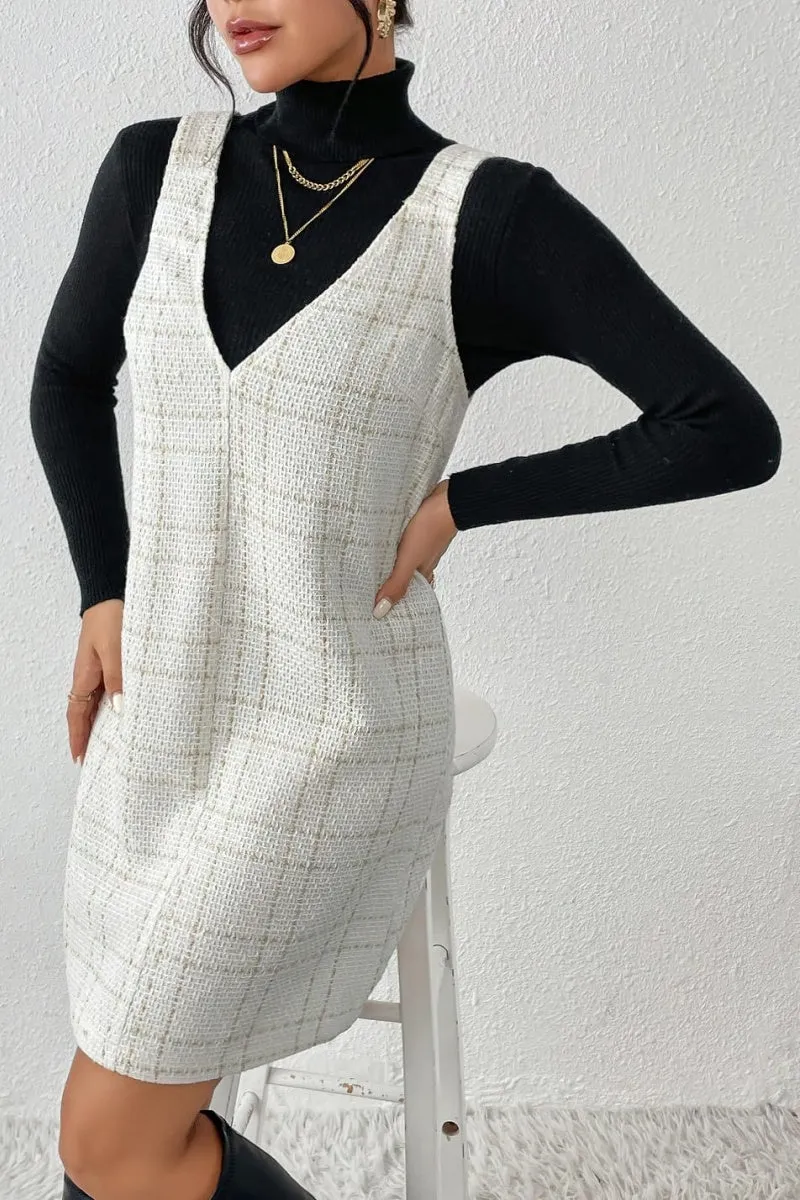 Chouyatou Women Elegant A Line Tweed Pinafore Dress V Neck Sleeveless Plaid Mini Short Overall Vest Dress