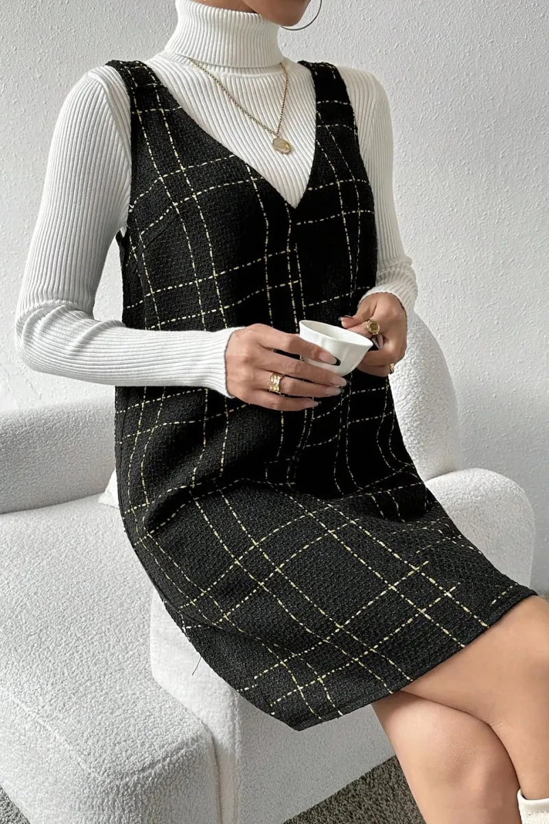 Chouyatou Women Elegant A Line Tweed Pinafore Dress V Neck Sleeveless Plaid Mini Short Overall Vest Dress