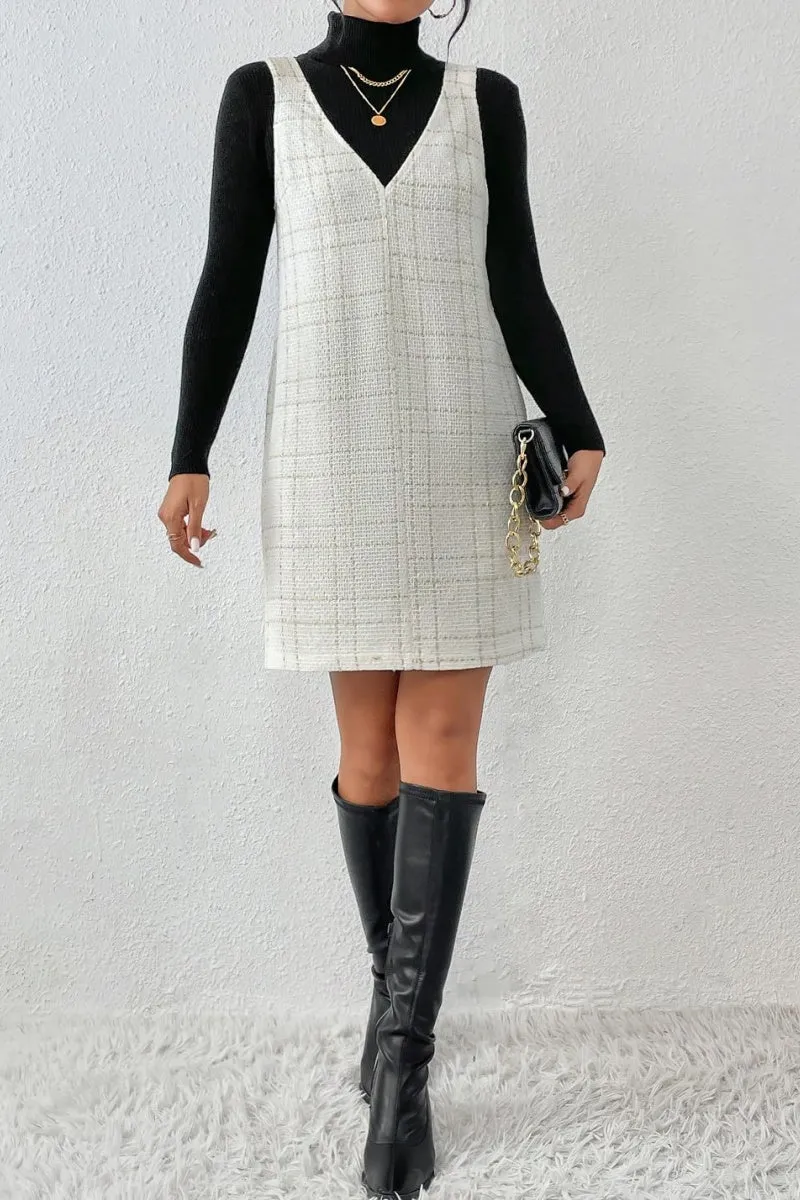 Chouyatou Women Elegant A Line Tweed Pinafore Dress V Neck Sleeveless Plaid Mini Short Overall Vest Dress