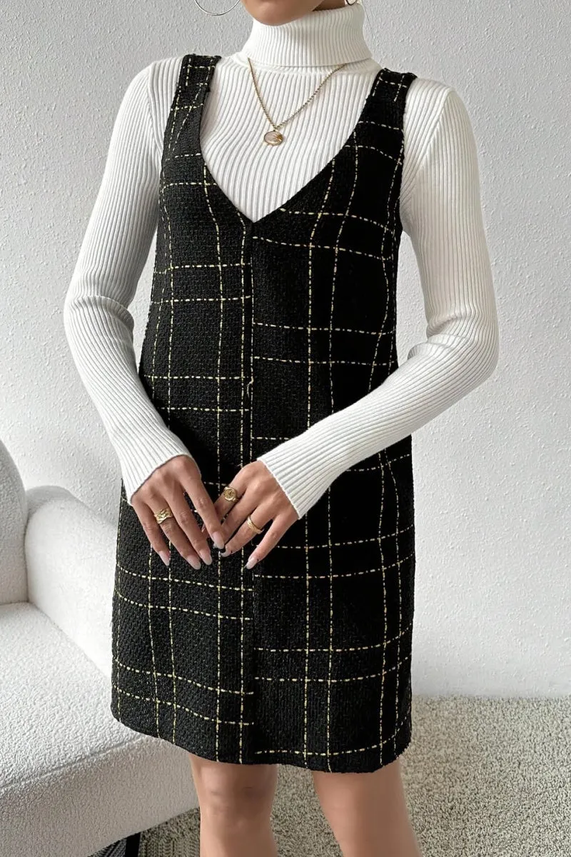 Chouyatou Women Elegant A Line Tweed Pinafore Dress V Neck Sleeveless Plaid Mini Short Overall Vest Dress