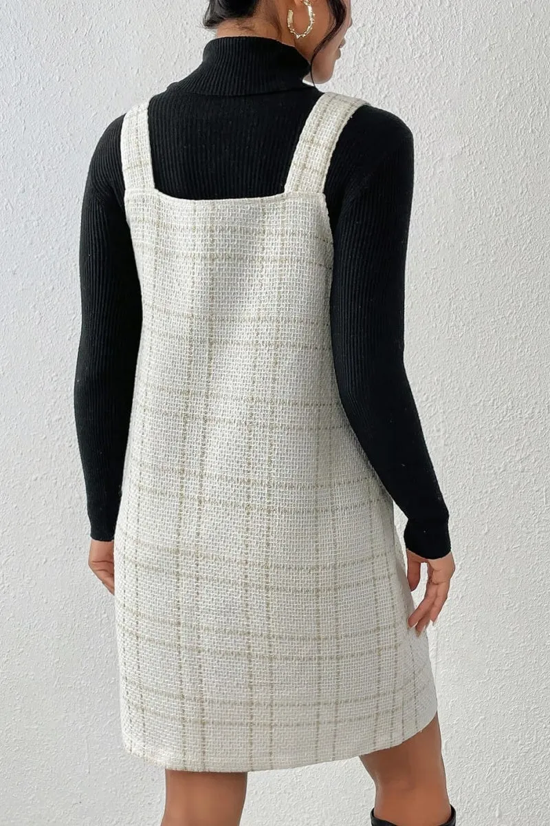 Chouyatou Women Elegant A Line Tweed Pinafore Dress V Neck Sleeveless Plaid Mini Short Overall Vest Dress