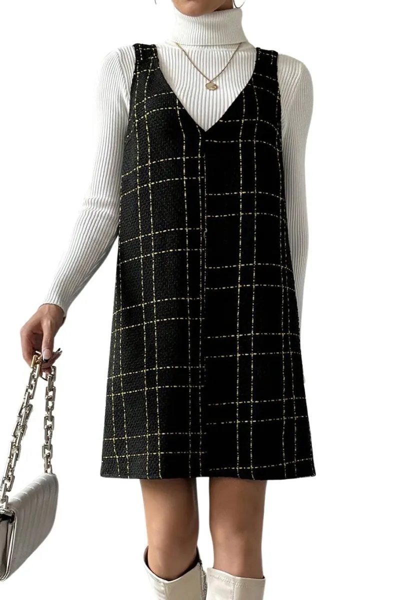 Chouyatou Women Elegant A Line Tweed Pinafore Dress V Neck Sleeveless Plaid Mini Short Overall Vest Dress