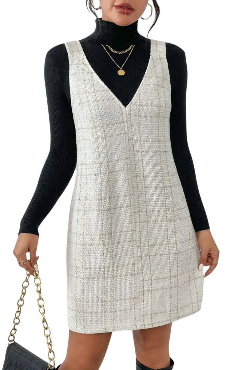 Chouyatou Women Elegant A Line Tweed Pinafore Dress V Neck Sleeveless Plaid Mini Short Overall Vest Dress