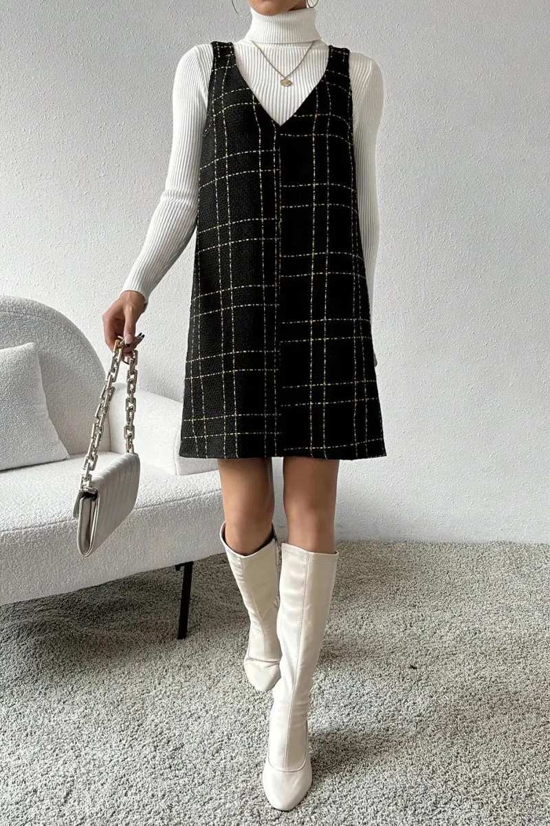 Chouyatou Women Elegant A Line Tweed Pinafore Dress V Neck Sleeveless Plaid Mini Short Overall Vest Dress