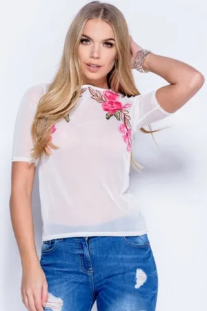 Cream Mesh Embroidered Top - Leigh