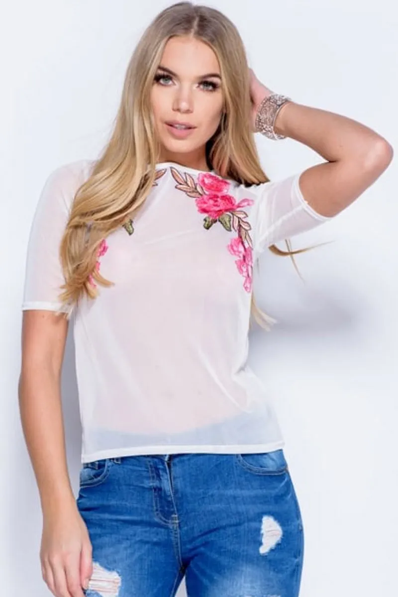 Cream Mesh Embroidered Top - Leigh