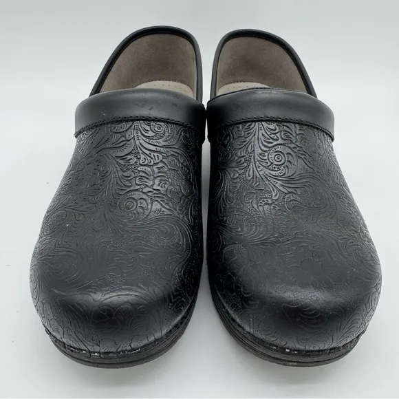 Dansko LT Professional Floral Tooled Black Leather Clogs Size EU 41/US 10.5-11