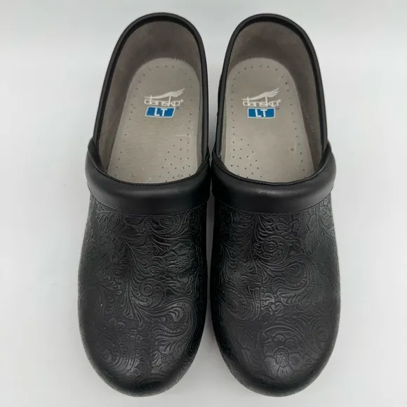 Dansko LT Professional Floral Tooled Black Leather Clogs Size EU 41/US 10.5-11
