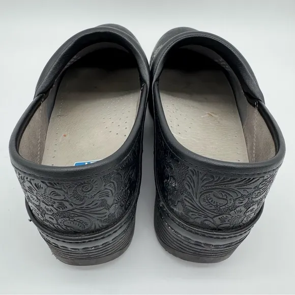 Dansko LT Professional Floral Tooled Black Leather Clogs Size EU 41/US 10.5-11