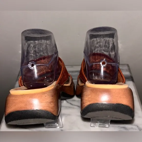 DANSKO Lydia Laser Cut Brown Leather Slide Platform Sandals Two Strap 38/7.5