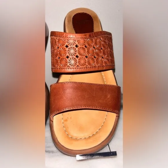 DANSKO Lydia Laser Cut Brown Leather Slide Platform Sandals Two Strap 38/7.5