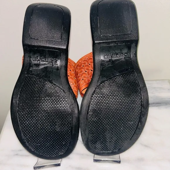 DANSKO Lydia Laser Cut Brown Leather Slide Platform Sandals Two Strap 38/7.5