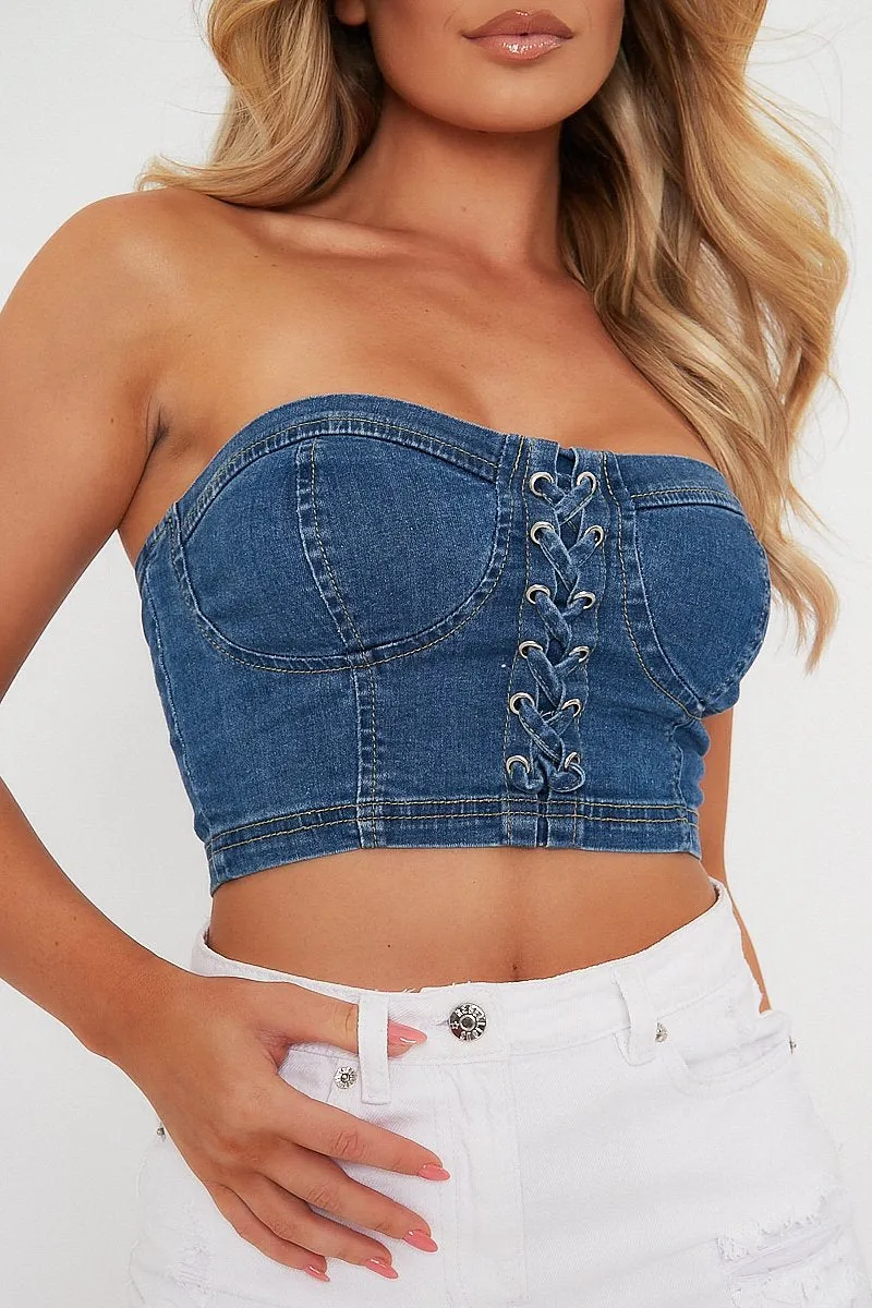 Denim Corset Lace Up Bandeau Top - Zari