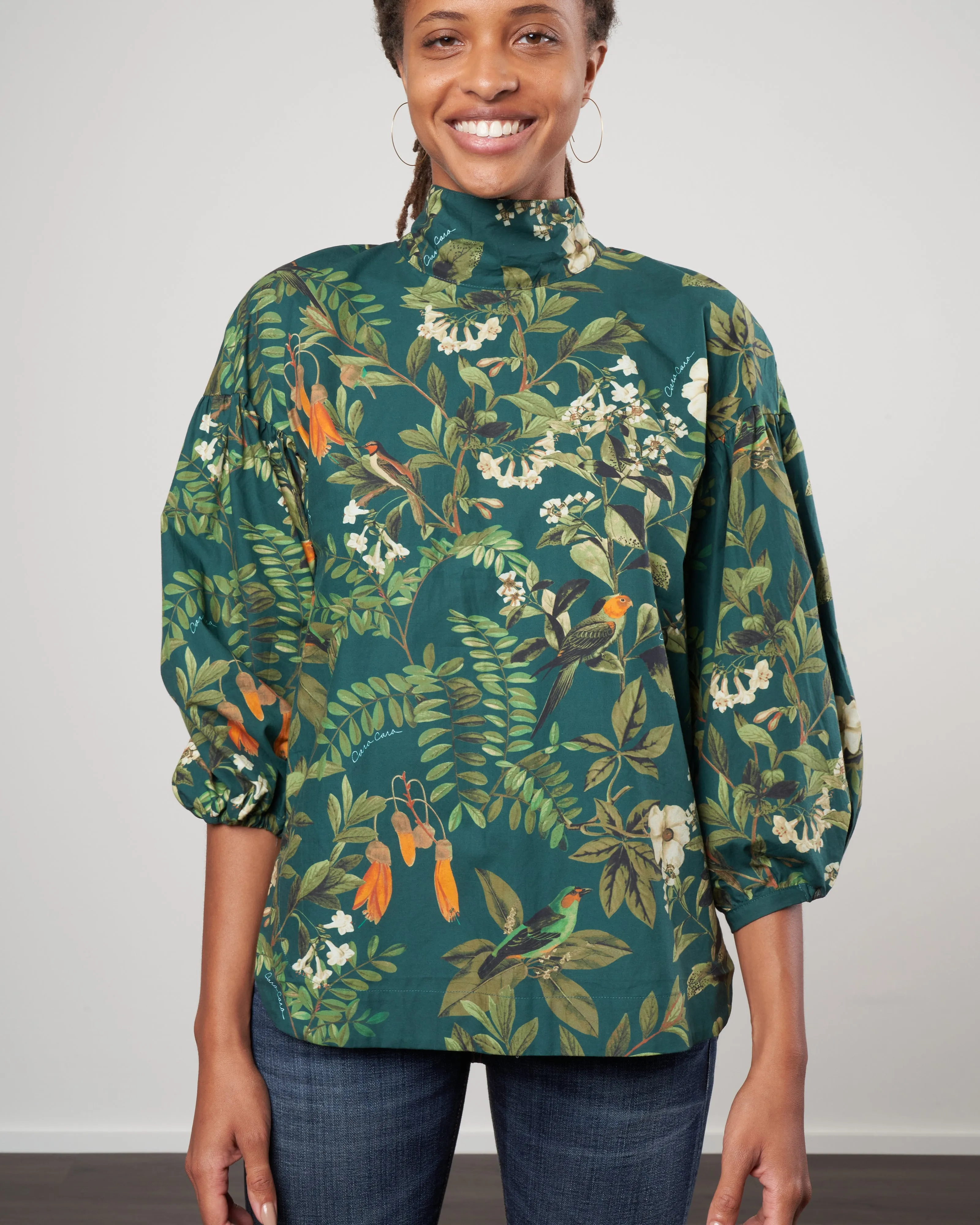 diane blouse - botanical birds emerald