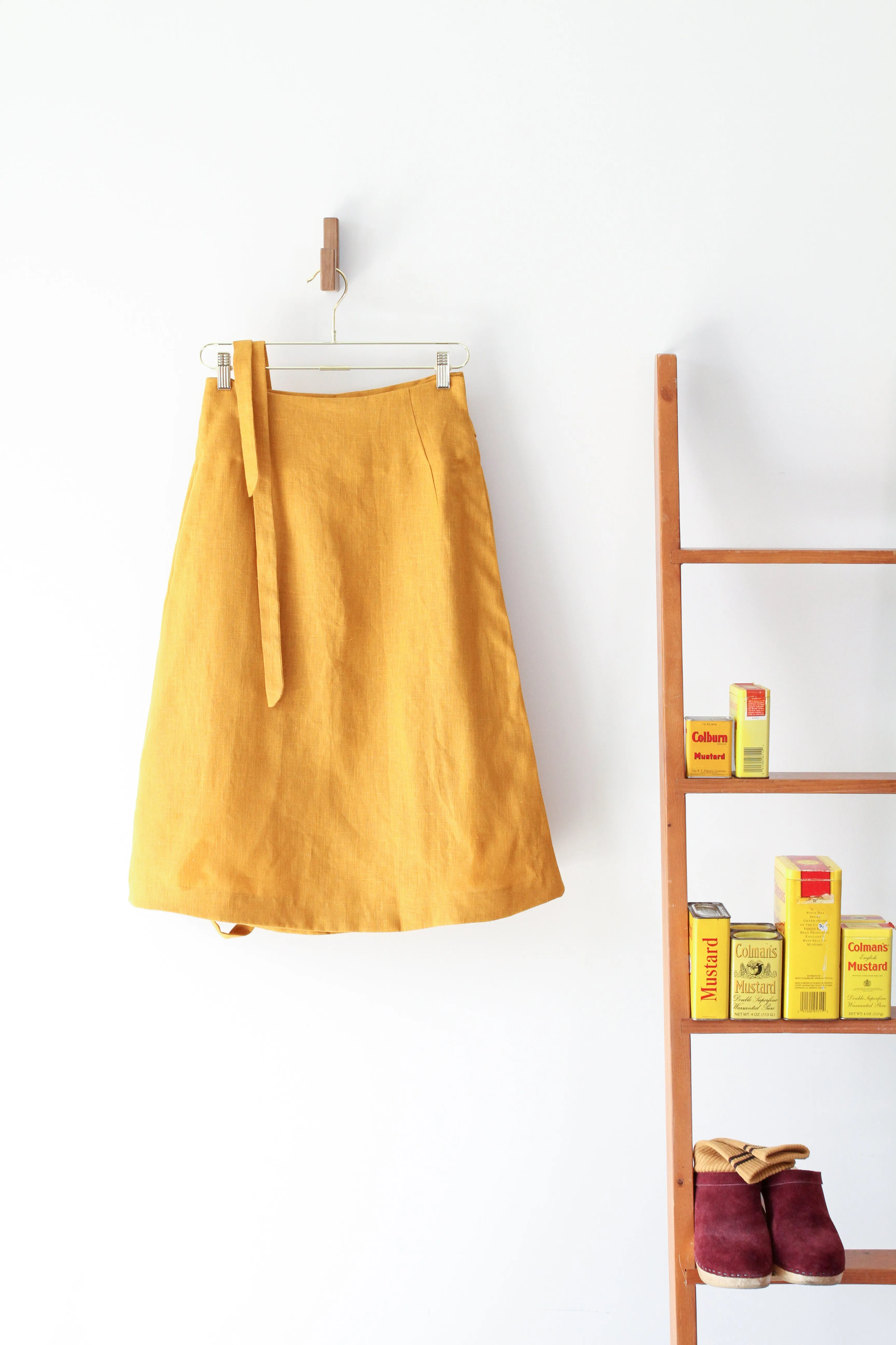 EVERYDAY BEAUTIFUL A-LINE APRON WRAP SKIRT IN MUSTARD LINEN