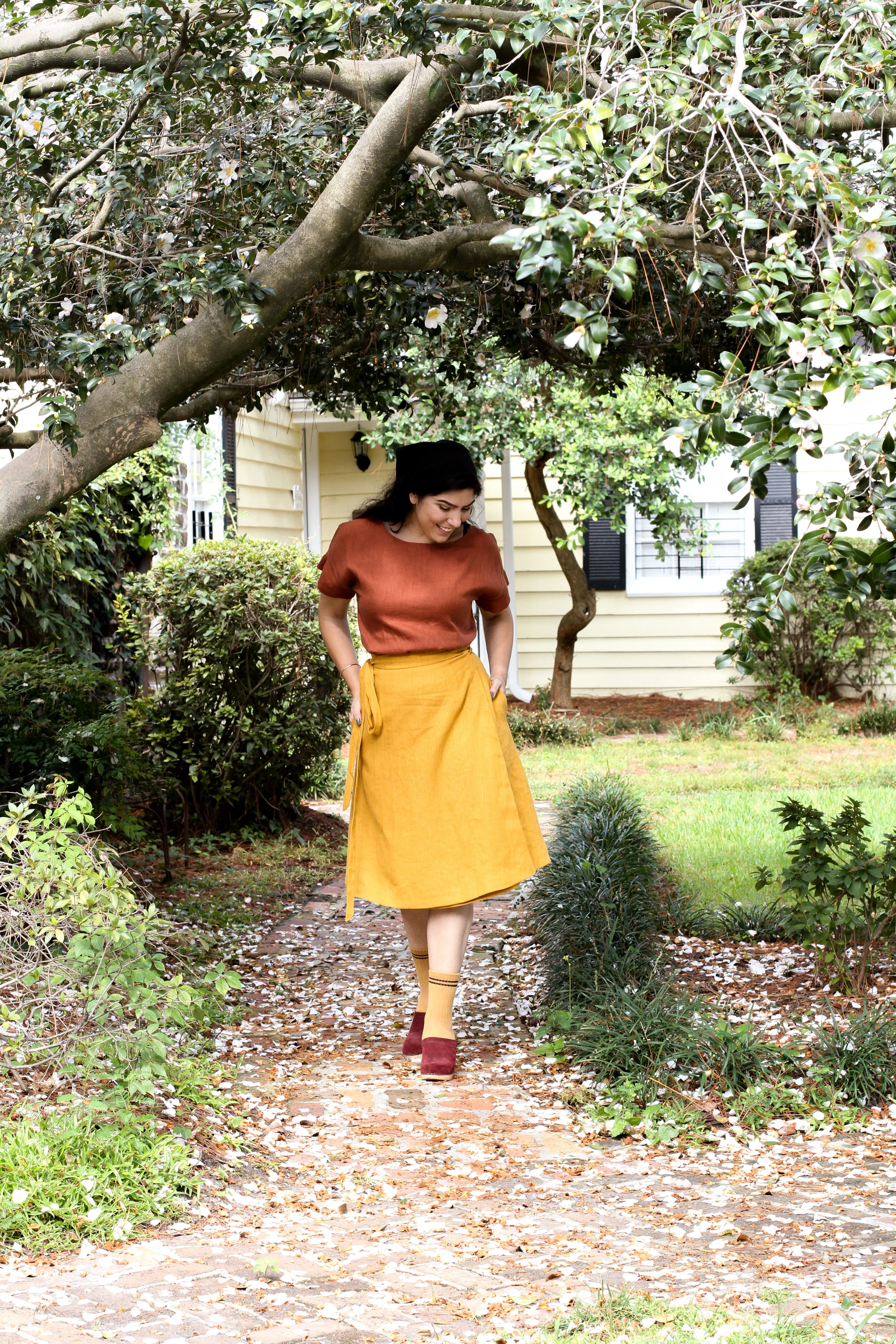 EVERYDAY BEAUTIFUL A-LINE APRON WRAP SKIRT IN MUSTARD LINEN