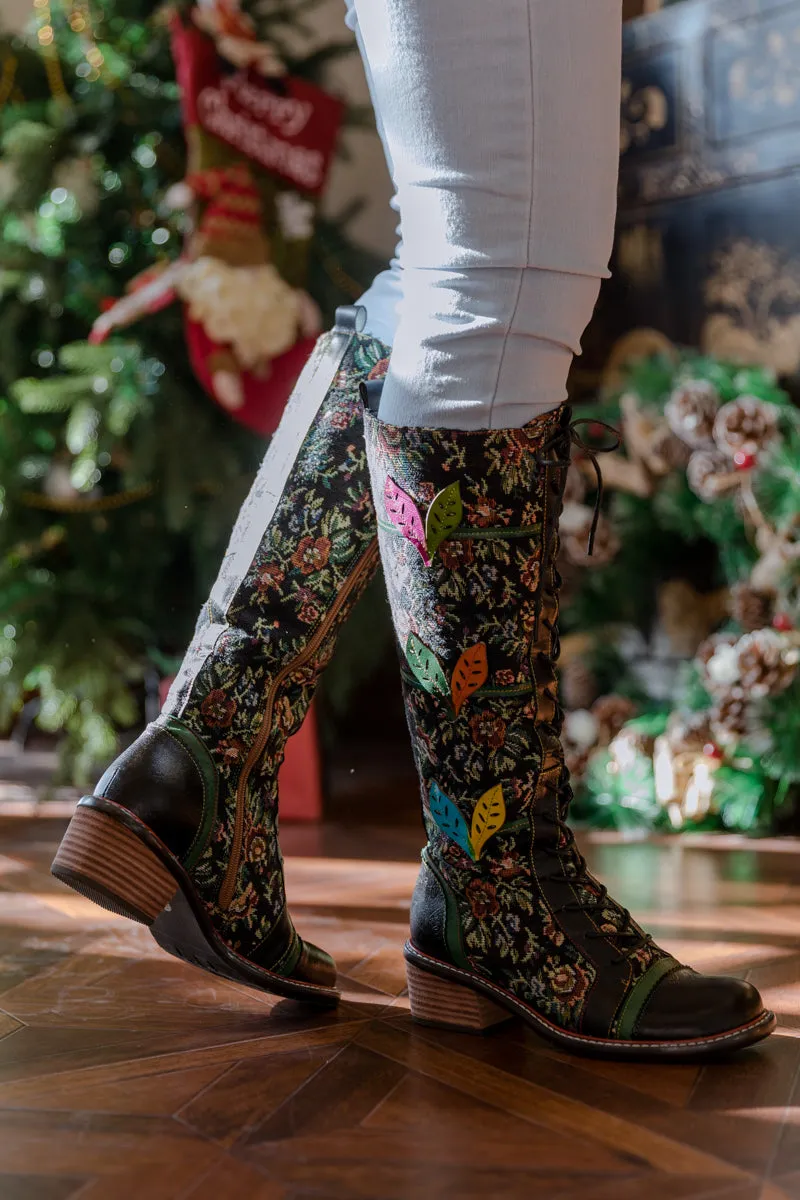 Floral Patchwork Applique Leather Canvas Boot