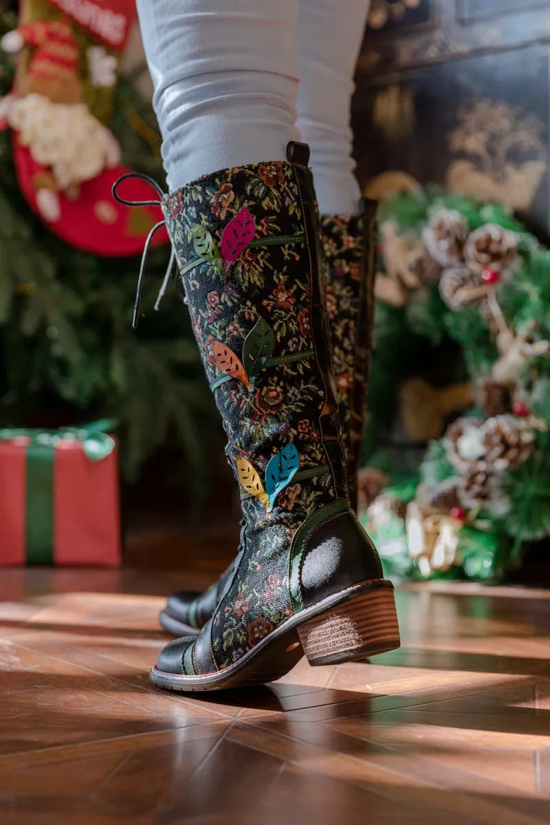 Floral Patchwork Applique Leather Canvas Boot