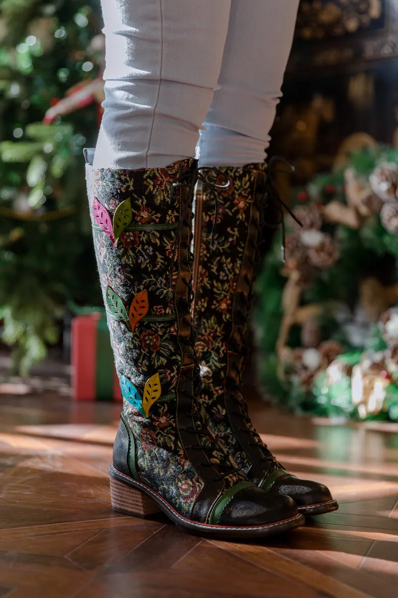 Floral Patchwork Applique Leather Canvas Boot