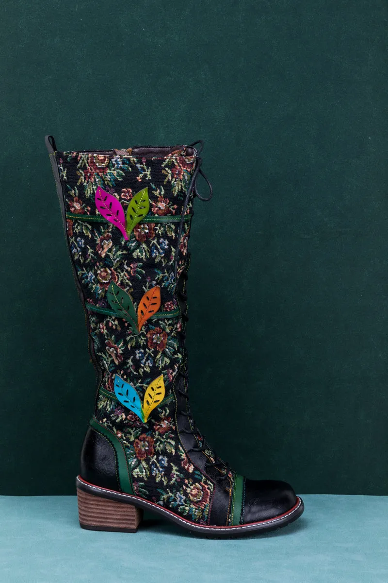Floral Patchwork Applique Leather Canvas Boot