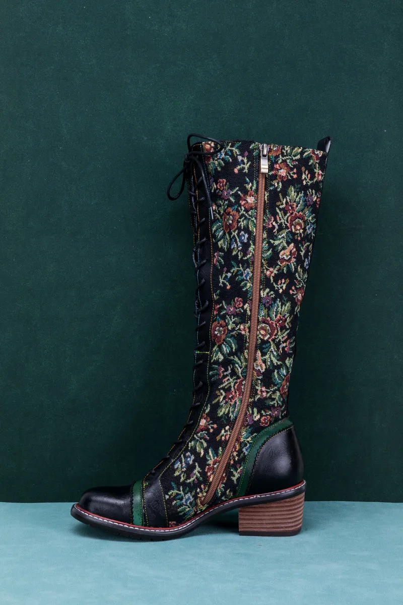 Floral Patchwork Applique Leather Canvas Boot