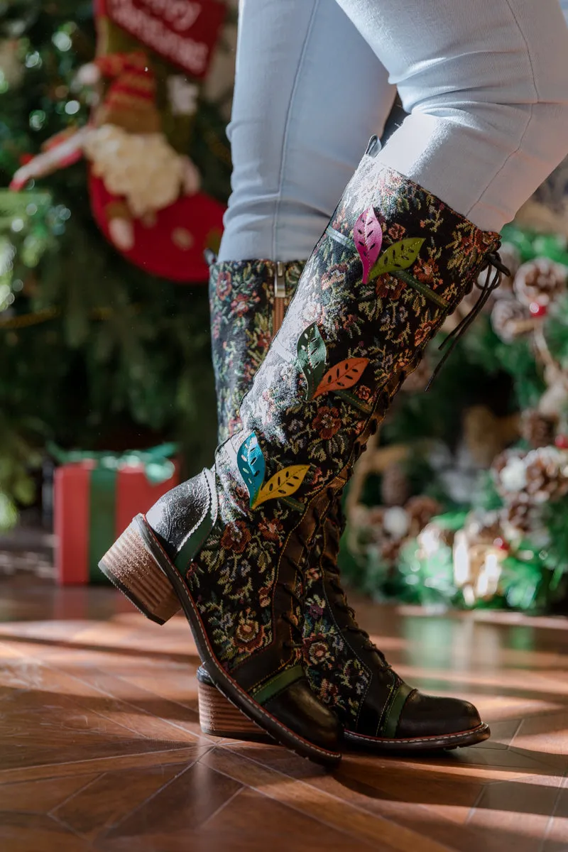 Floral Patchwork Applique Leather Canvas Boot