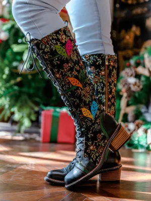 Floral Patchwork Applique Leather Canvas Boot