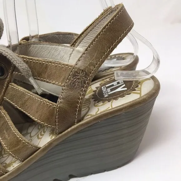 Fly London YLFA Wedge Platform Sandals Brown Size 38 7.5 Lace Up Peep Toe Women