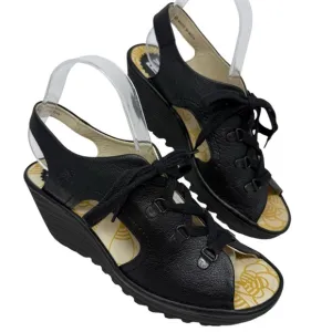 Fly London Yuta Leather Lace Platform Wedge Sandals Black Size 40 8.5 Slingback