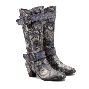 Genuine Leather Stripe & Smoke Floral Buckle  Knight Heel Knee Boots- Soffia