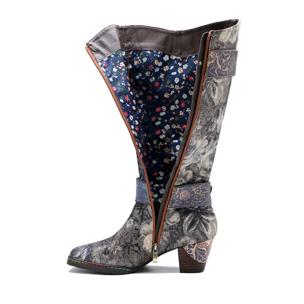 Genuine Leather Stripe & Smoke Floral Buckle  Knight Heel Knee Boots- Soffia